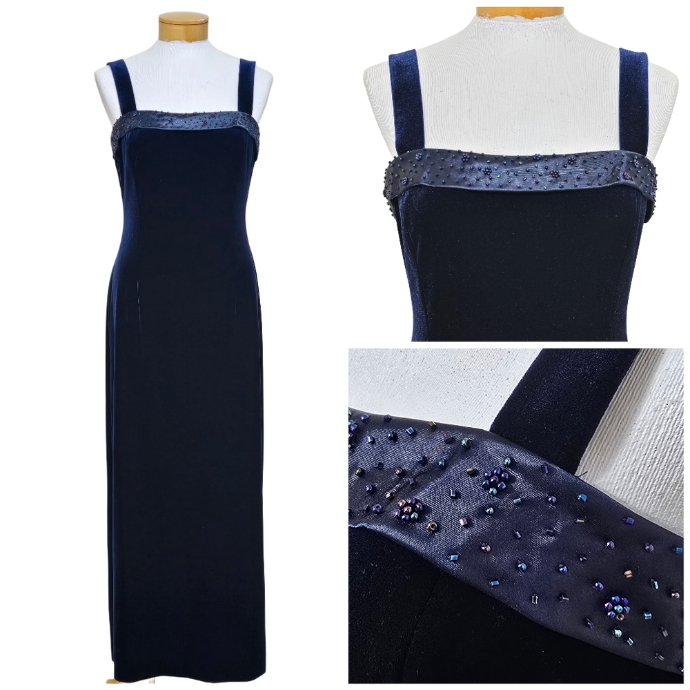 Adrianna Papell Occasion Dress Sz 10P (XL) Blue Beaded Velvet Gown Event Holiday